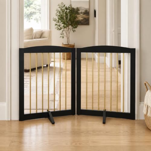 Freestanding Pet Gate for Dogs (24" Height-2 Panel / Black & Gold)