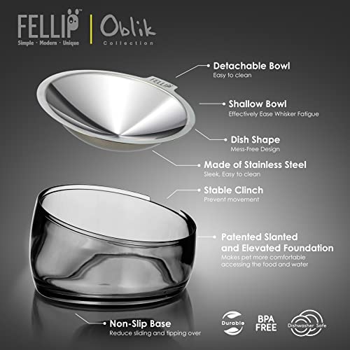 Oblik Elevated Cat Bowl Removable Stainless Steel Wide Dish for Dry Wet Food Feeding & Dishwasher Clean (Smoky / 0.5 Cups Shallow Dish)