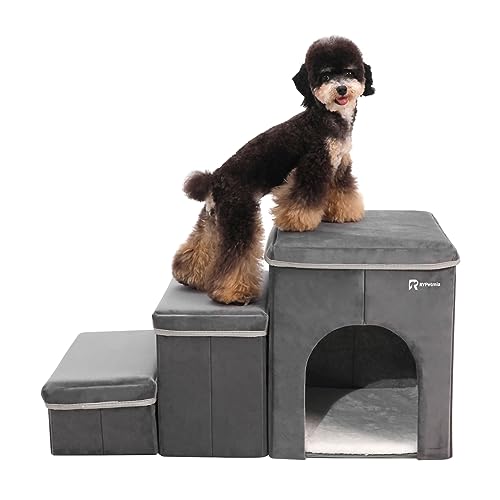 Foldable Pet Stairs with Cozy House & Storage (Dark Gray Suede)
