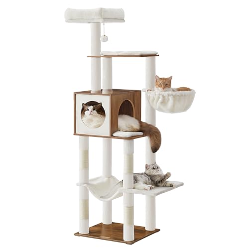 Cat Tree, 65-Inch Tall Cat Tower, Multi-Level Condo with Cave (Honey Brown)