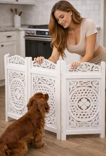4 Panel Freestanding Dog Gate 56W x 28H Foldable Wooden Pet Gate White (White / 56"x28" Mulsory 4 Panels)