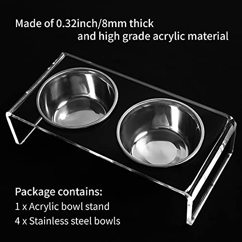 Acrylic Elevated Dog Cat Bowls Pet Feeder Double Bowl Raised Stand Comes with 4 Removable Stainless Steel Bowls. Perfect for Cats Puppies Small Dogs (Small: 3.75'' Height, 23.6 oz Steel Bowl)