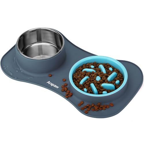 Slow Feeder Dog Bowls 3 in 1 Stainless Steel Food Water Bowl to Slow Eating (Small ＆ Medium Breed / Light Grey)