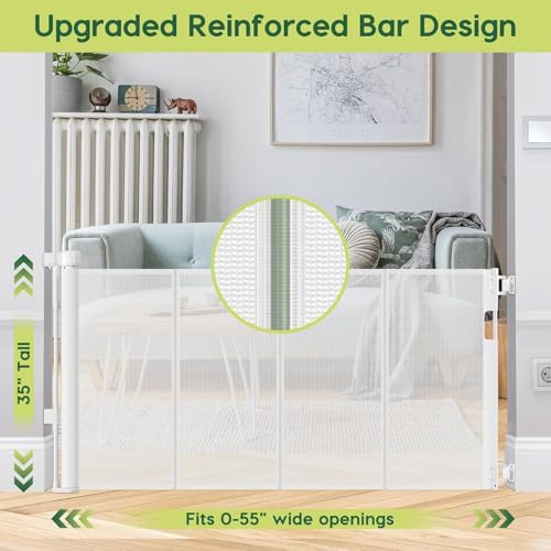 2 Pack Reinforced 55" Wide Retractable Baby Gates for Doorways to Prevent Crawling Under (White / 2 Pack - 33" Tall x 55" Wide (With Reinforced Bar))