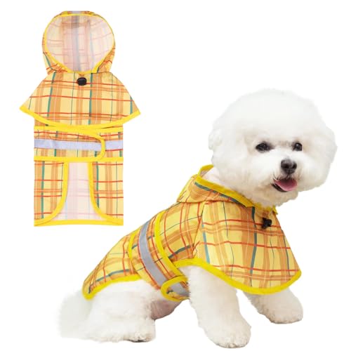 Dog Raincoat Hooded Slicker Poncho with Leash Hole (M:15-20lbs / Plaid Yellow)