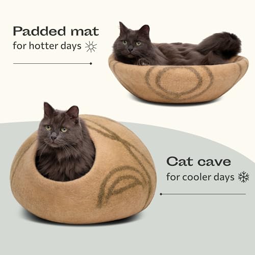 Cat Cave Merino Wool Bed for Indoor Cats (Beige / Medium)
