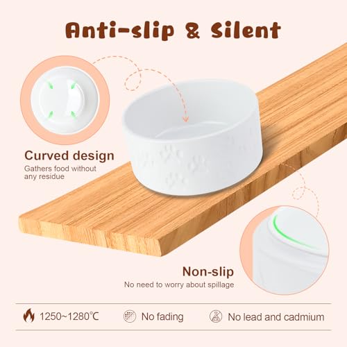 Ceramic Elevated Dog Bowl Set with Acacia Wood Stand for Food and Water for Cats and Small Dogs (13.52 Oz / Dog Paw White)