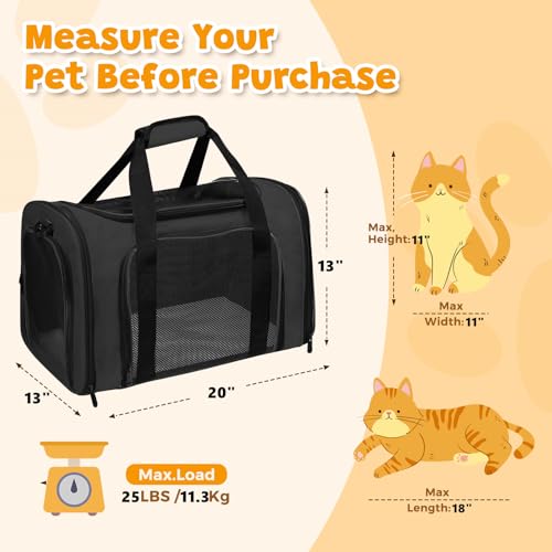 Large Cat Carrier Soft Up to 28 Lbs (20.0"L x 13.0"W x 13.0"H / Black)