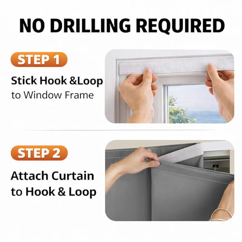 Magic Tape Stick on Curtains Blackout Curtains for Bedroom no Drillng Self Adhesive Curtain no Rod Small Window (Grey / 47"W x 71"L (Pack of 2))