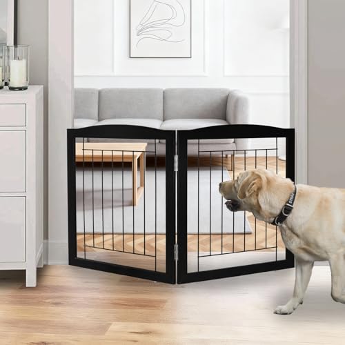 Freestanding Foldable Dog Gate for House Extra Wide Wooden Indoor Puppy Gate Stairs Doorways Pet Gate Tall Dog Fence 2 Panels Fence Black (Black / 【2 Panels】40''w x 24''h)