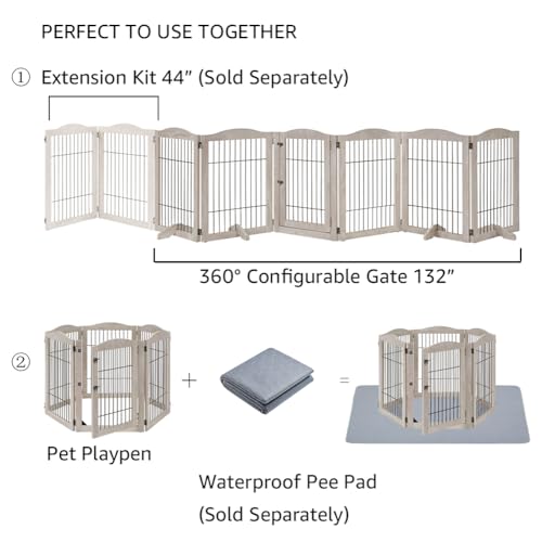 132" Extra Wide Dog Gate and Pet Playpen with Walk Through Door (Weathered Grey / 132"W×31.5"H)