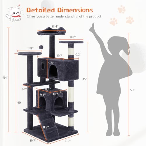 54 Inch Cat Tree Tower with Sisal Scratching Posts (Gray / 54"×19.7"×19.7")