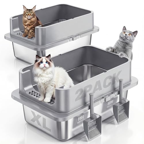 2 Pack XL Stainless Steel Cat Litter Box with Lid and High Sides (X-Large)