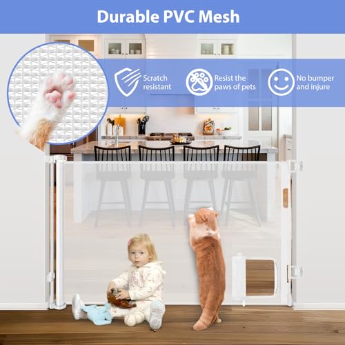 Retractable Baby Gates with Cat Door 80" Wide Retractable Dog Gate with Pet Door Outdoor Retractable Gate for Dogs Retractable Pet Gate with Door Mesh Baby Gate Retractable Mesh Dog Gate (White / 33" X 80"（With Cat Door ）)