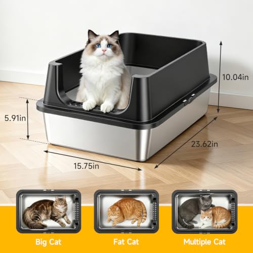 XL Open Top Stainless Steel Litter Box with High Sides (Black-1Pack)