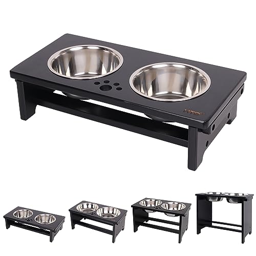 Elevated Dog Bowl Stand with 2 Stainless Steel Bowls (small-4“tall,21 Oz bowl / Black)