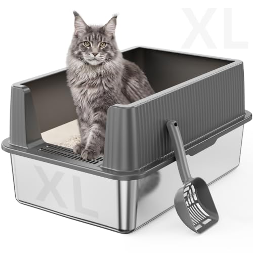 XL Stainless Steel Cat Litter Box with Lid and Scoop (Gray)