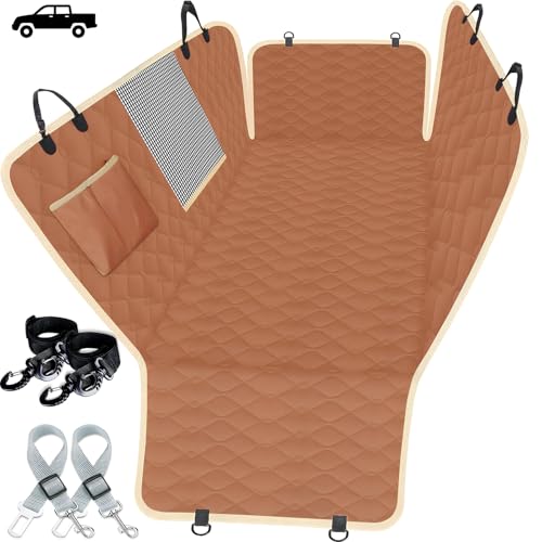 XL Truck Waterproof Dog Seat Cover Back Seat with 2 Seat Belts (Truck / Brown)