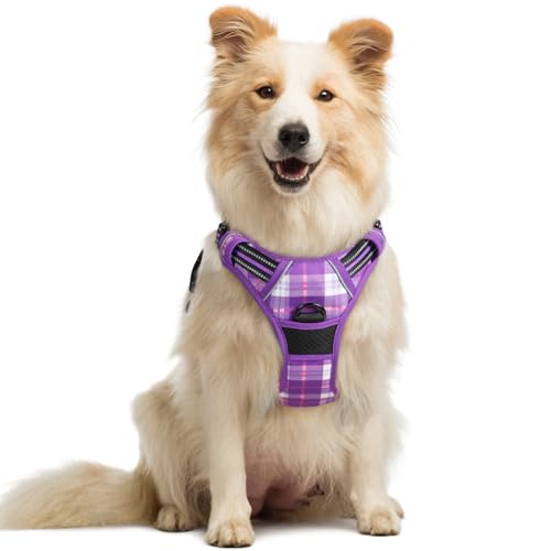 Dog Harness No Pull Medium Sized with 2 Leash Clips (Medium / Purple Plaid)