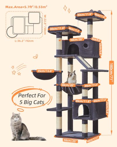 Cat Tree 71 in Extra Large Cat Tower for Inddor Cats (Smoky Gray / 71 Inches)