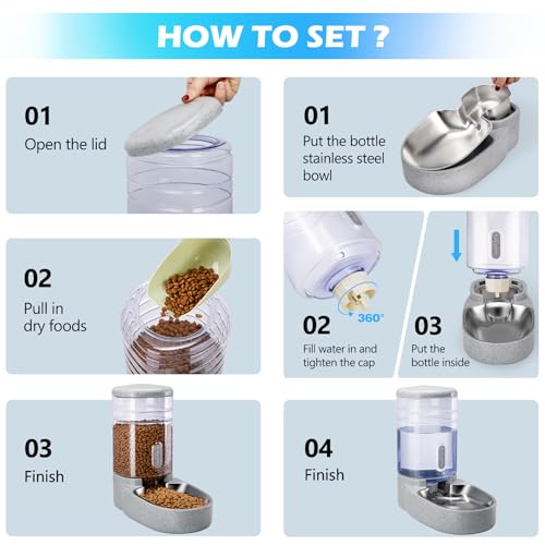 Automatic Cat Feeder and Water Dispenser with Stainless Steel Bowl Gravity Food Feeder and Waterer Set for Small Medium Dog Puppy Kitten 1 Gallon x 2 (Stainless Steel-Grey)