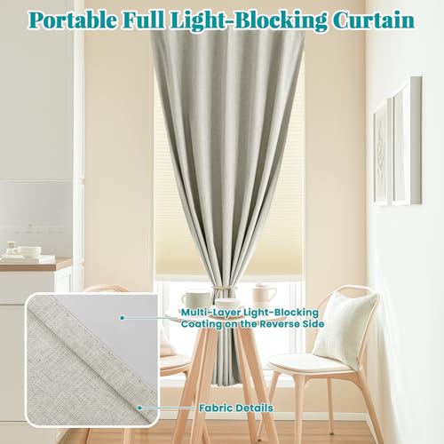 100% Blackout Self Adhesive Portable Curtains for Bedroom Easy to Install Window Thermal Lnsulated Kitchen Room Darkening Small Window Curtains (35"W x 80"L (Pack of 1) / Light Beige)