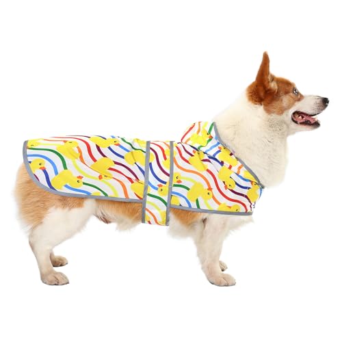 Dog Raincoat Waterproof Dog Rain Jacket with Hood (Rainbow Ducks / Large)
