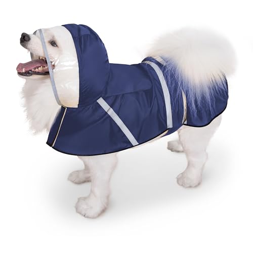 Dog Raincoat Adjustable Rain Jacket with Hooded Double Layer for Large Medium Small Dogs Puppies (Navy / Medium)