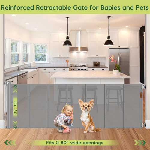 Reinforced 80 Inch Extra Wide Retractable Dog Gate to Prevent Crawling Through (Gray / 33" Tall x 80" Wide（ With Reinforced Bar ）)