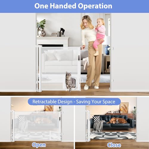 Retractable Baby Gates with Cat Door 80" Wide Retractable Dog Gate with Pet Door Outdoor Retractable Gate for Dogs Retractable Pet Gate with Door Mesh Baby Gate Retractable Mesh Dog Gate (White / 33" X 80"（With Cat Door ）)