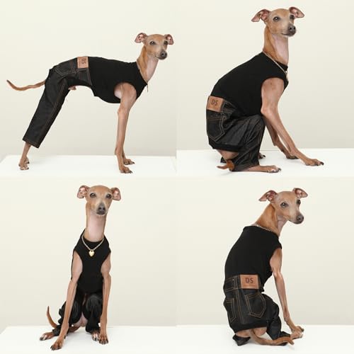 D Doggy Star Italian Greyhound Clothes Sleeveless Jeans Onesie Outfit Whippet for Dog Coat (XL / Black Jean)