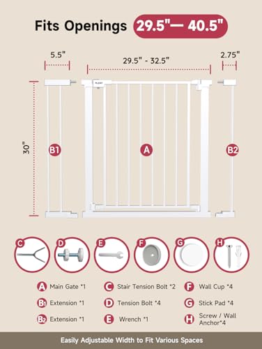29.5 40.5" Baby Gate for Stairs (White / 29.5-40.5"W x 30"H)
