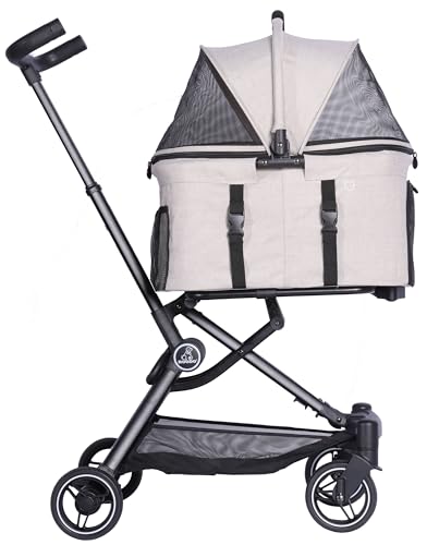 2026 Upgraded Version 3 in 1 Dog Cat Stroller with Detachable Carrier Lightweight Folding Portable All Terrain Pet Travel System Puppy Kitty Doggie Bunny Stroller for 30lbs (Light Khaki)