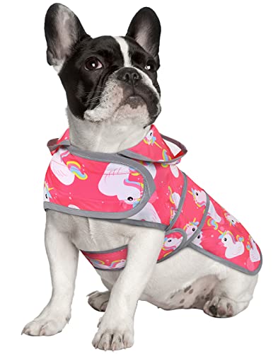Clear Hooded Dog Raincoat Jacket Poncho with Dog Leash Hole Pink M (Medium / Unicorn Ducks Pink)