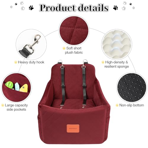 Dog Booster Car Seat for Dogs up to 35lbs (Wine Red / Medium)