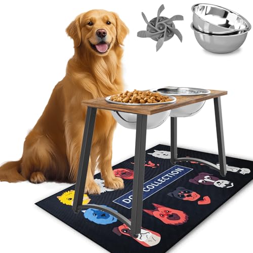 Elevated Dog Bowls for Large Dogs with Slow Feeder & Mat (H:16.5", Slow Feeder & Mat,101oz Cap.)