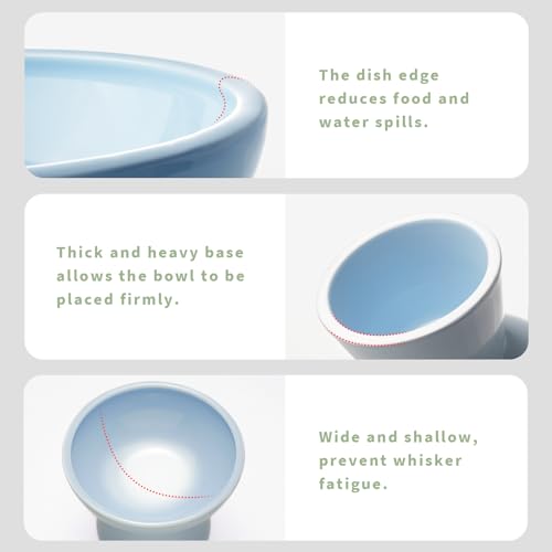 2 Pack Extra Wide Elevated Ceramic 6.2" Shallow Cat Food Bowls (Baby Blue-2 Food Bowl)