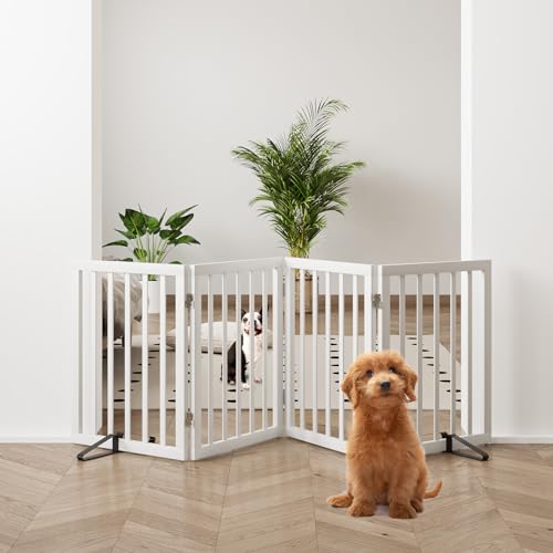37 74" Wide Dog Gate 4 Panel Dog Gates for Stair Doorways House Indoor Freestanding Pet Gates for Dogs (Bamboo Dog Gate White / 4 Panel - 74 inches Wide)