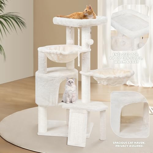 Wang Xin Three Layer Cat Tree with Cat Condo Scratch Pad and Two Hammocks (Small / Beige)