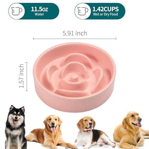Pink Ceramic Slow Feeder Dog Bowl for Small and Medium Breeds (6.1 In Pink Slow Feeder Bowl / Pink)