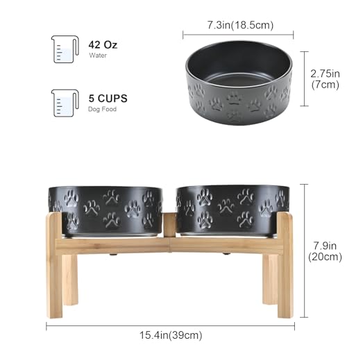 Elevated Dog Bowls Ceramic (7.3 in - 5.3 cups / Paw Black)
