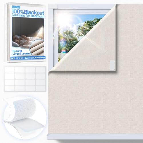 Linen Blackout Curtains for Bedroom Portable 45"×59" Black Out Window Cover (Beige / 59"W x 45"H)