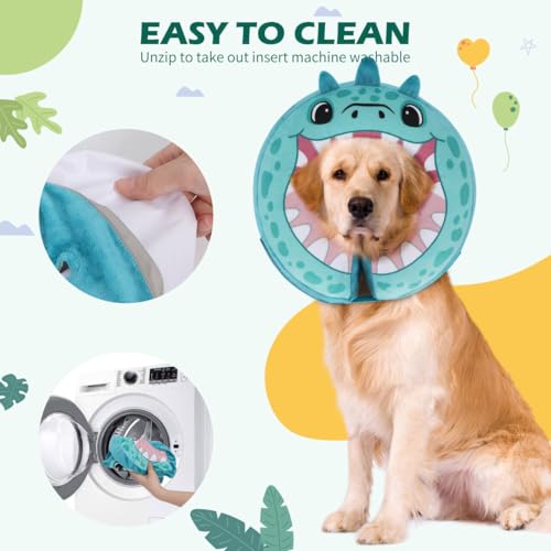 Inflatable Recovery Dog Collar (Teal Dinosaur / Large (Neck:14''-17''))