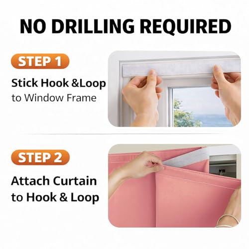Magic Tape Stick on Curtains Blackout Curtains for Bedroom no Drillng Self Adhesive Curtain no Rod Small Window (Pink / 59"W x 59"L (Pack of 2))