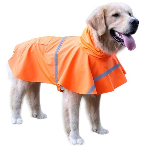 Large Dog Raincoat Adjustable Pet Water Proof Clothes Lightweight Rain Jacket Poncho Hoodies with Strip Reflective (2X-Large (Pack of 1) / Orange)