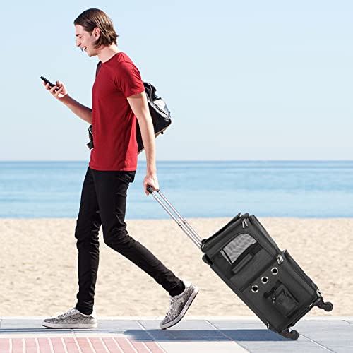 Double Compartment Cat Carrier Backpack with Wheels for Two Pets (14.6"L x 11.2"W x 21.6"H / Black)