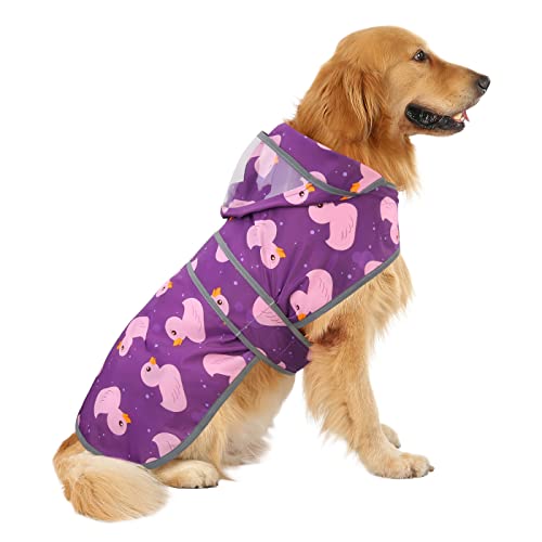 Clear Hooded Dog Raincoat Jacket Poncho with Dog Leash Hole Pr Duck XL (X-Large / Ducks Purple)