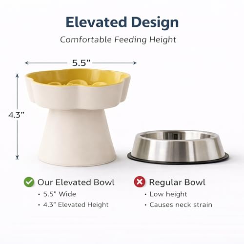 Ceramic Elevated Slow Feeder Cat Bowl (Beige/Yellow)