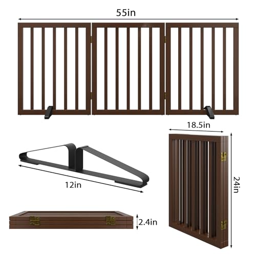 Wooden Dog Gate Freestanding Foldable 3 Panel Pet Gates Extra Wide Dog Gates for Indoor Doorways Stairs 24in Height Support Feet Included (Dark Brown / 3 Panel - 55 inches Wide)