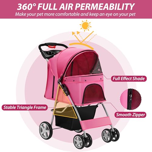 Foldable 4 Wheel Pet Stroller for Dogs Cats 10 (Pink)